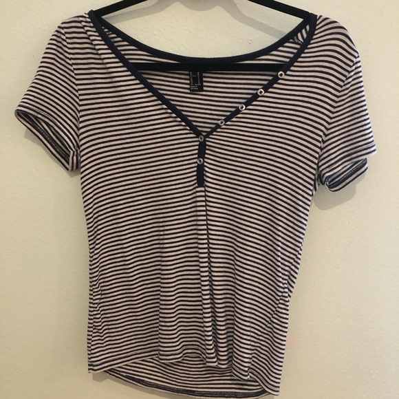 Forever 21 Navy Blue Striped Button Tee - Picture 1 of 3